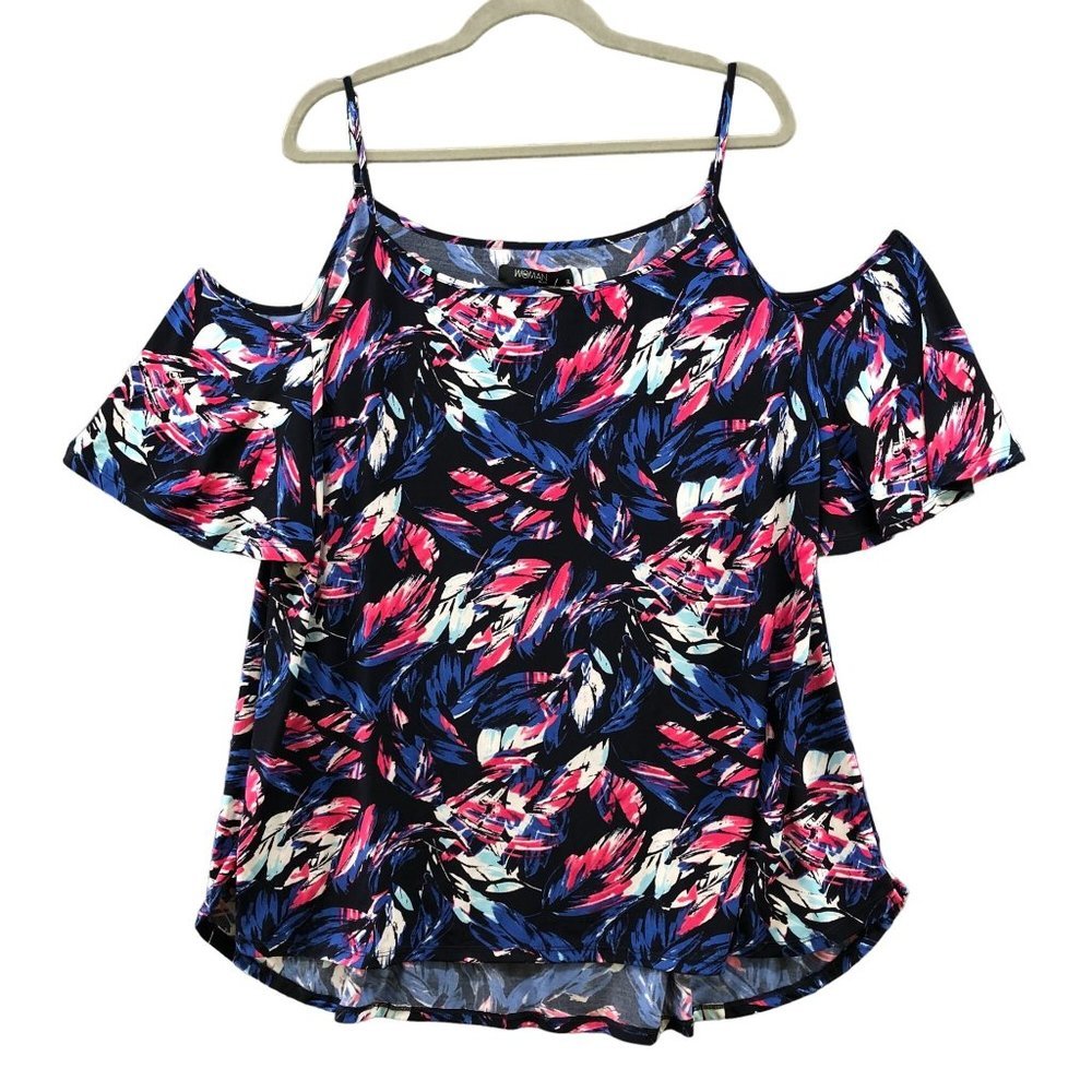 NWT SM Womens‎ Plus Size 3X Cold Shoulder Top Blue Pink Floral Jersey Tropical